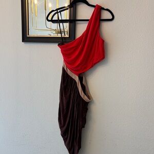 Bebe Elegant Red and Brown One-Shoulder Dress
